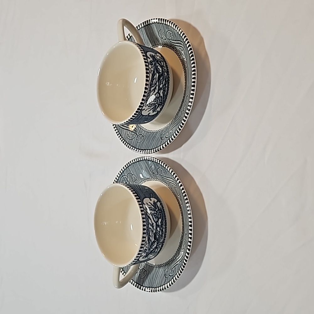2 VTG Currier and Ives Tea Cups and Saucers - Picture 2 of 13